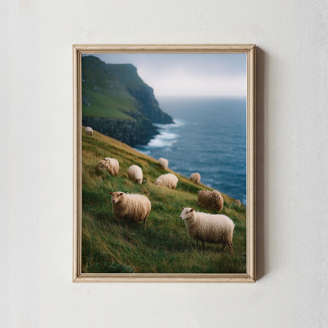 Faroe Islands Sheep Green Ocean Cliff Pasture Photography Poster