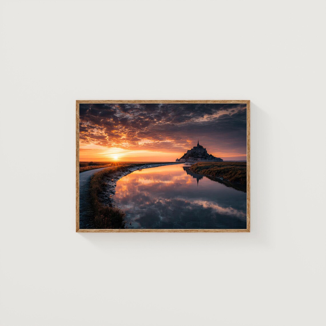Mont Saint-Michel Sunrise Reflection Tidal Flats Photography Poster