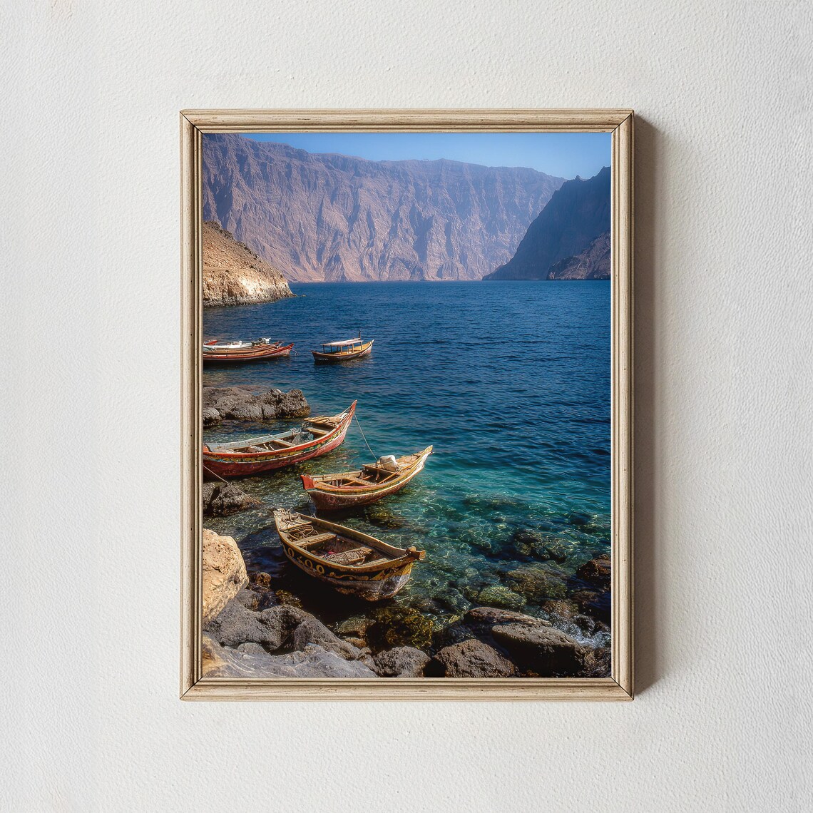Traditional Wooden Boats in Turquoise Cove Beneath Cliffs Photo Poster