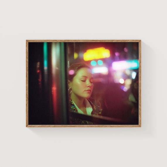 Neon Night Car Window Sleeping Woman Moody Cinematic Photo Poster