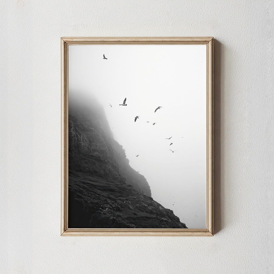 Black White Misty Cliff Seabirds Minimalist Coastal Wall Art
