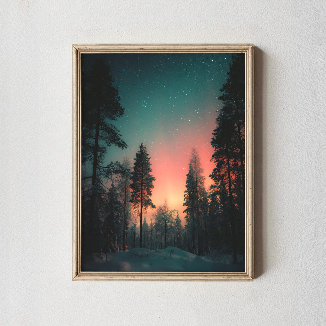 Aurora Borealis Pink Lights Snowy Forest Night Sky Photography Print