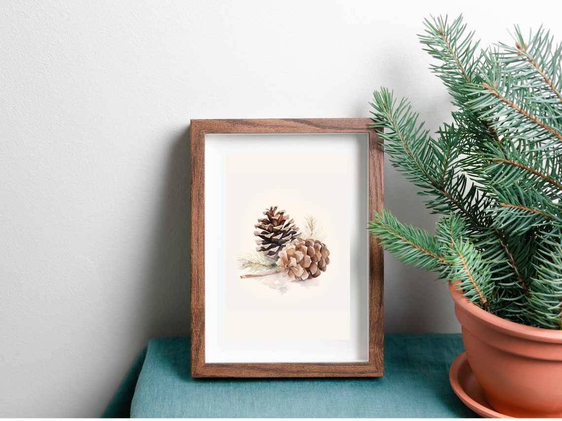 Pine Cone Watercolor Winter Botanical Christmas Rustic Art Poster