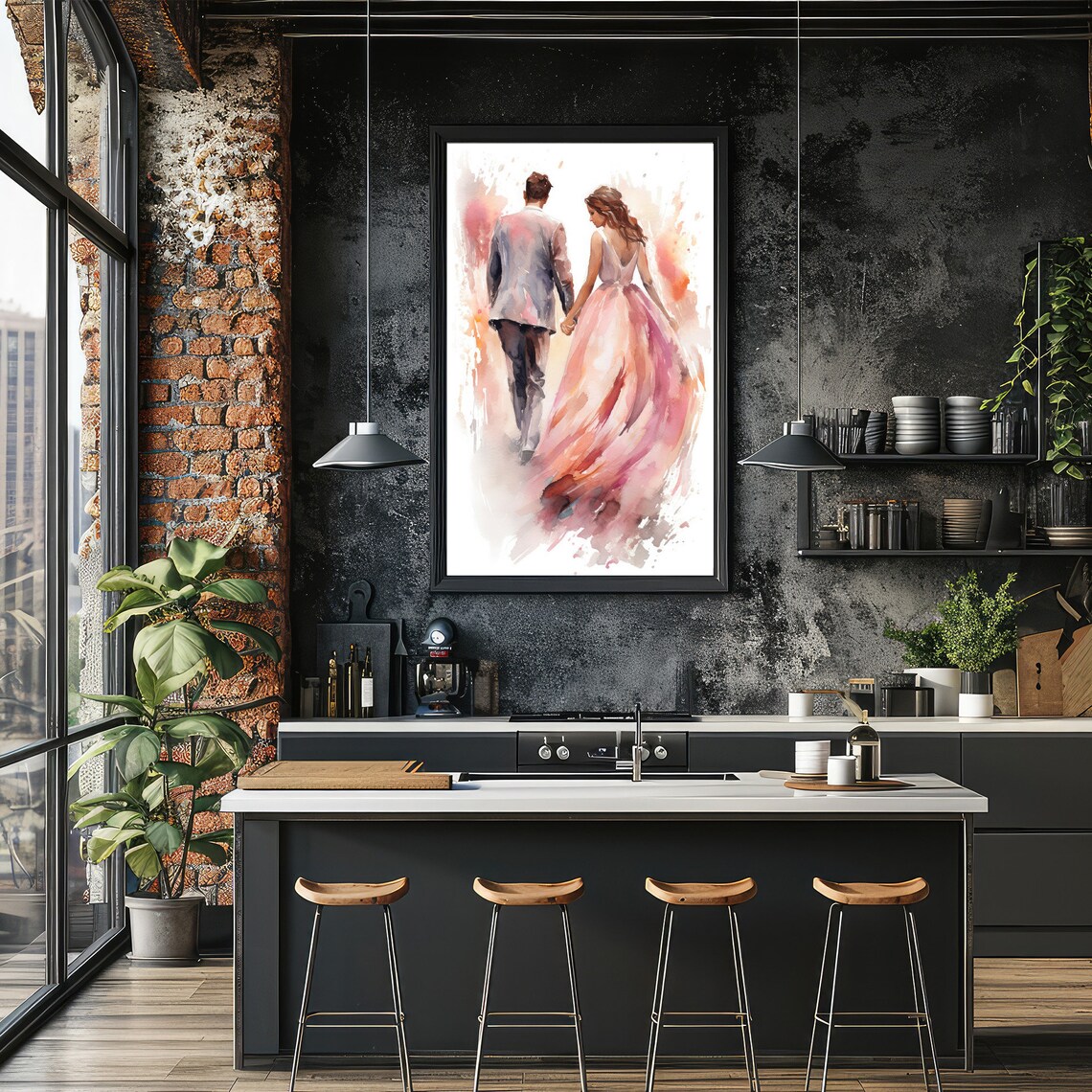 Couple Walking Away Watercolor Painting Romantic Blush Dress Wall Art - Image 2