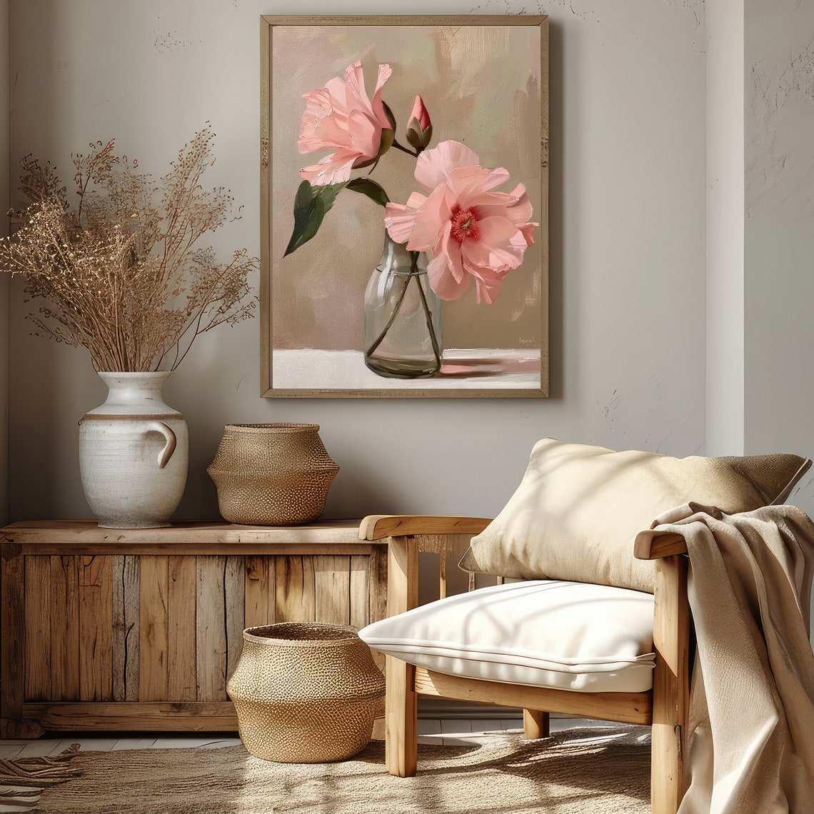 Pink Camellia Flowers In Glass Vase Soft Neutral Floral Art Poster - Image 2