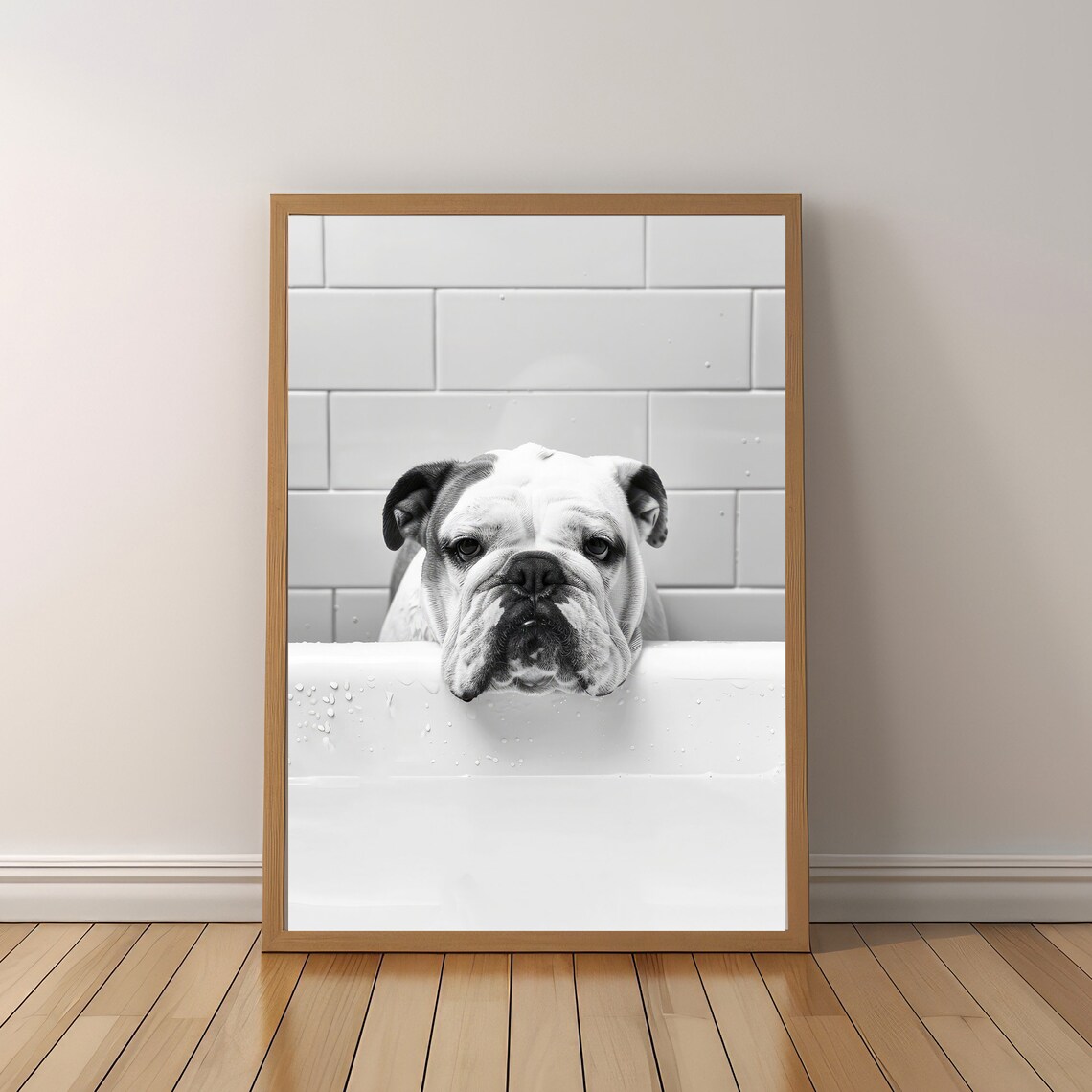 English Bulldog Resting Chin On Bathtub Black White Dog Poster - Image 5