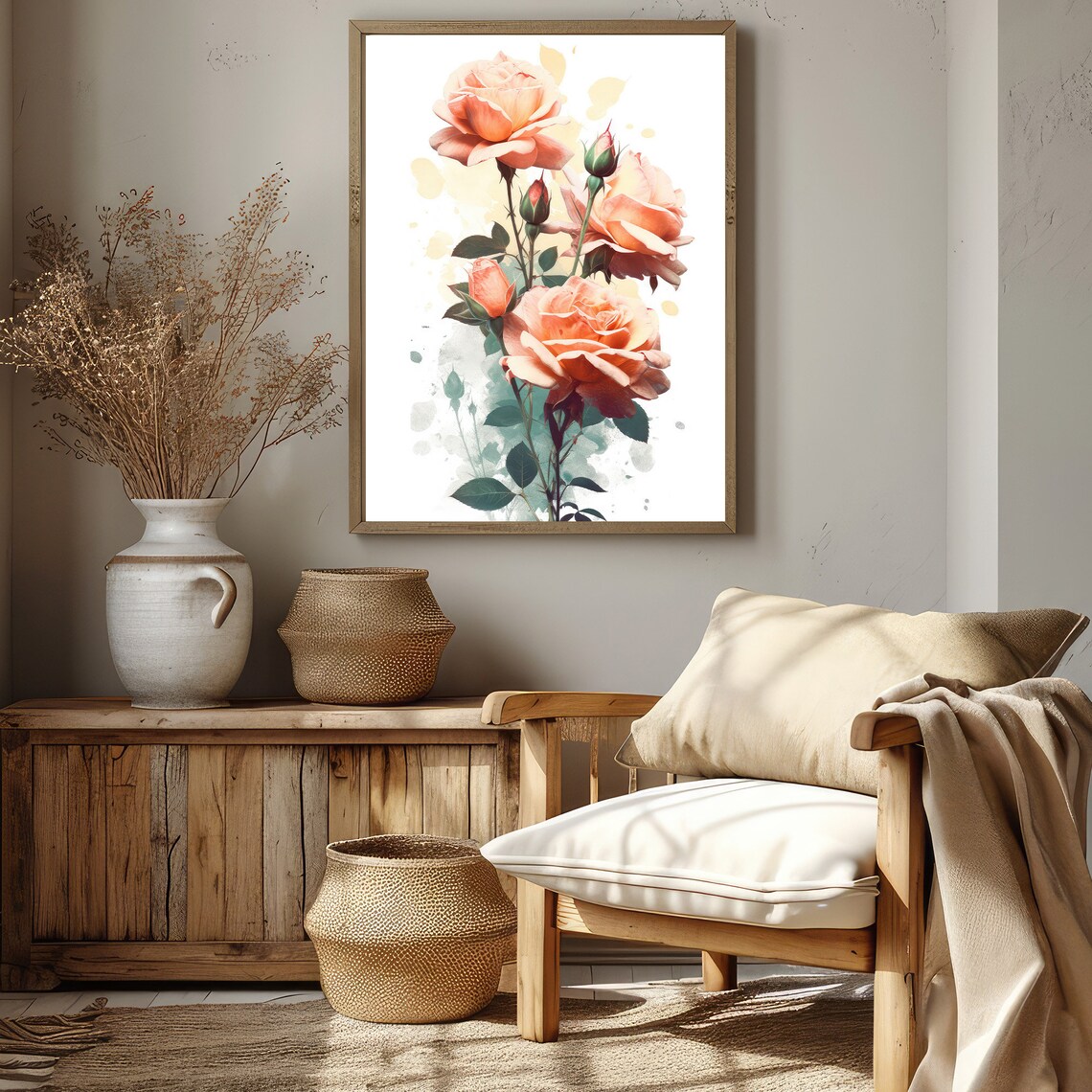 Peach Roses Watercolor Painting Elegant Blush Floral Bouquet Wall Art - Image 2