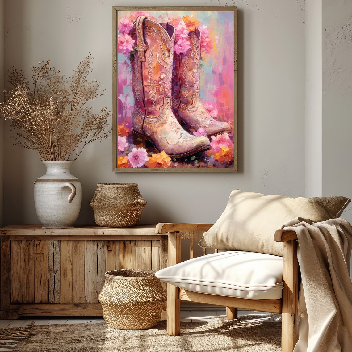 Embossed Tan Cowboy Boots Among Pink Flowers Western Art Poster - Image 4