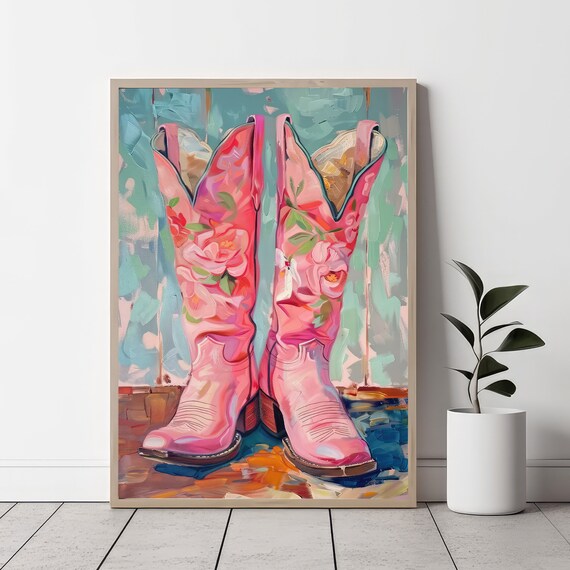Pink Floral Cowboy Boots Western Painting Coastal Art Poster