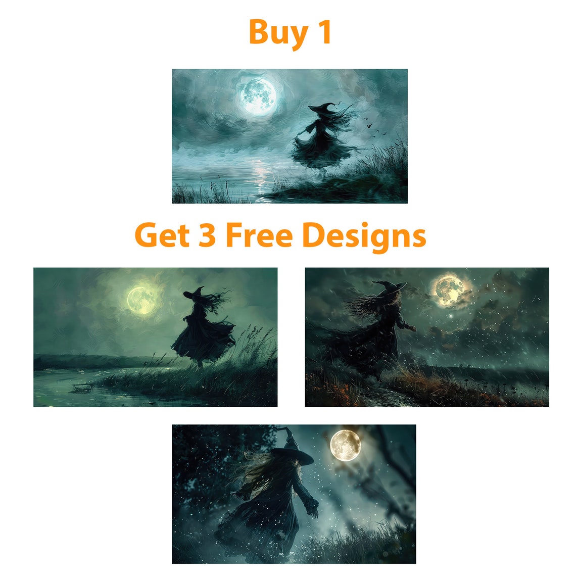 Spooky Witch Silhouette Under Full Moon Lake Halloween Poster - Image 5