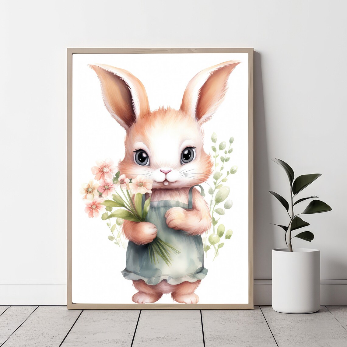 Bunny Holding Flowers Watercolor Painting Nursery Rabbit Baby Wall Art