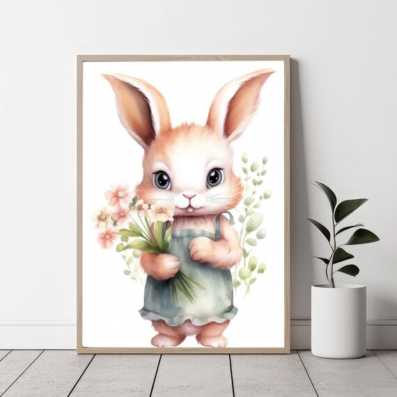 Bunny Holding Flowers Watercolor Painting Nursery Rabbit Baby Wall Art