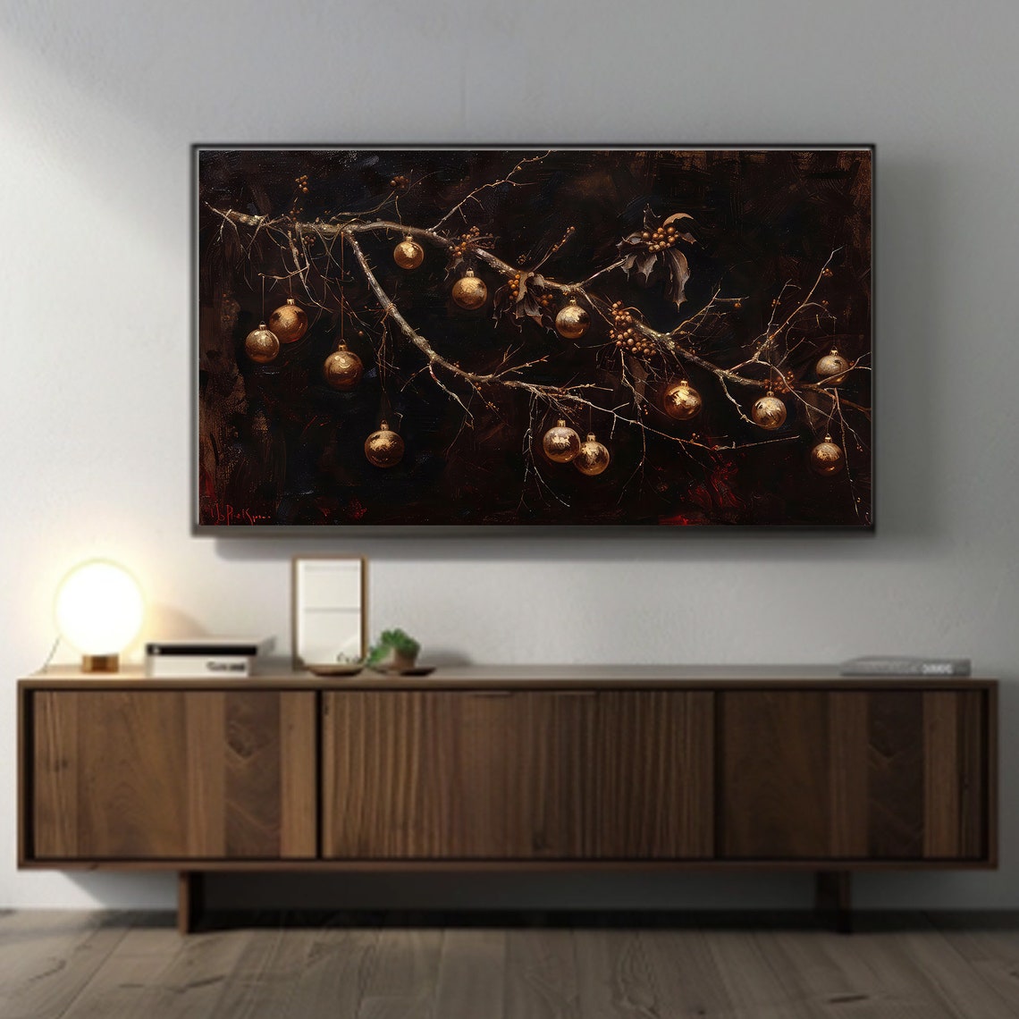 Gold Christmas Ornaments Hanging On Dark Bare Branches Poster - Image 3