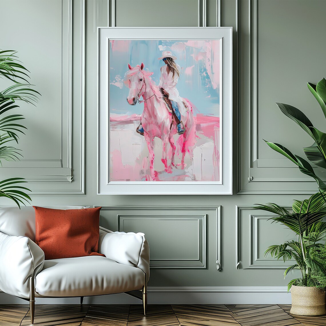 Coastal Cowgirl Riding Pink Horse Pastel Western Painting Poster - Image 4
