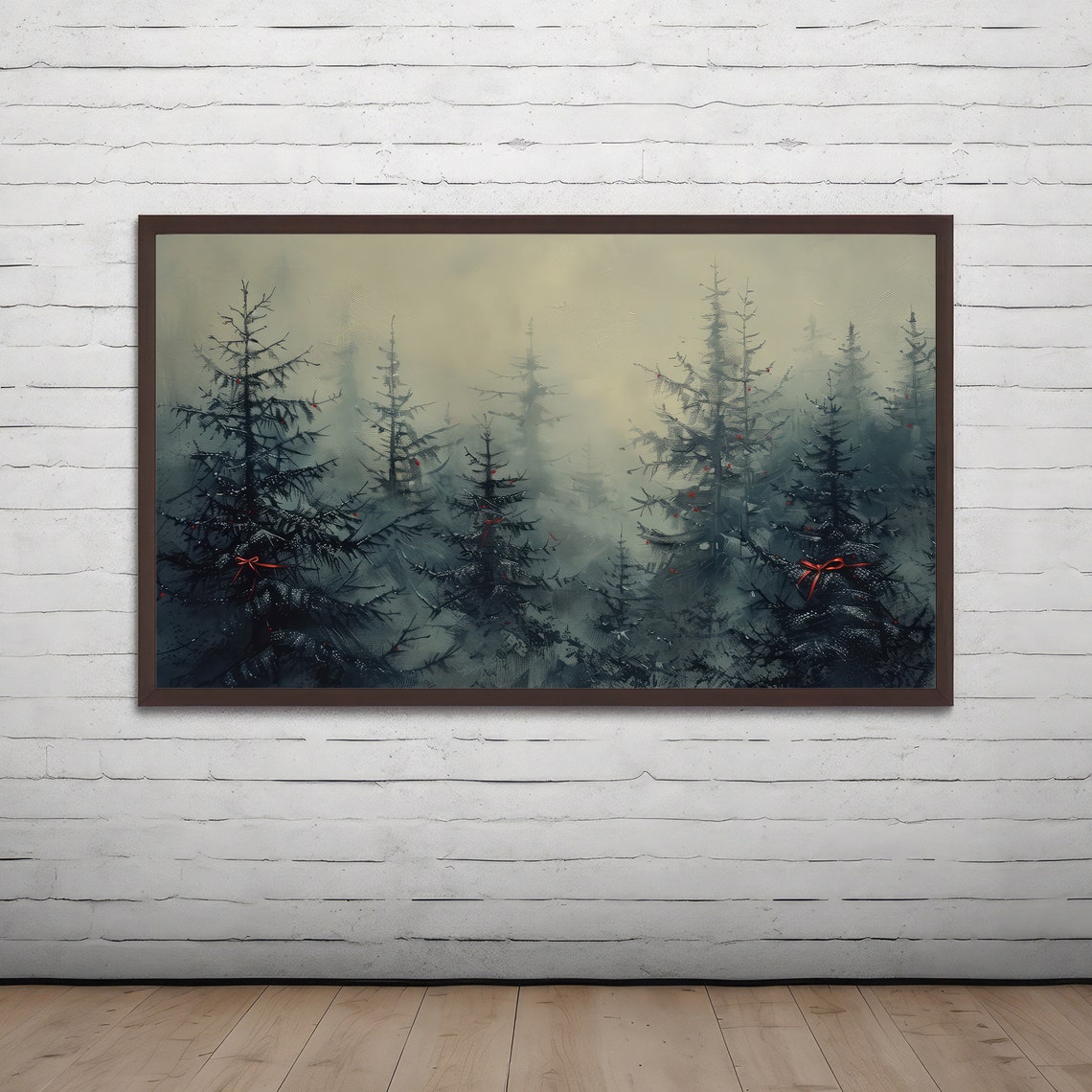 Misty Winter Pine Forest Red Ribbon Bows Vintage Christmas Poster