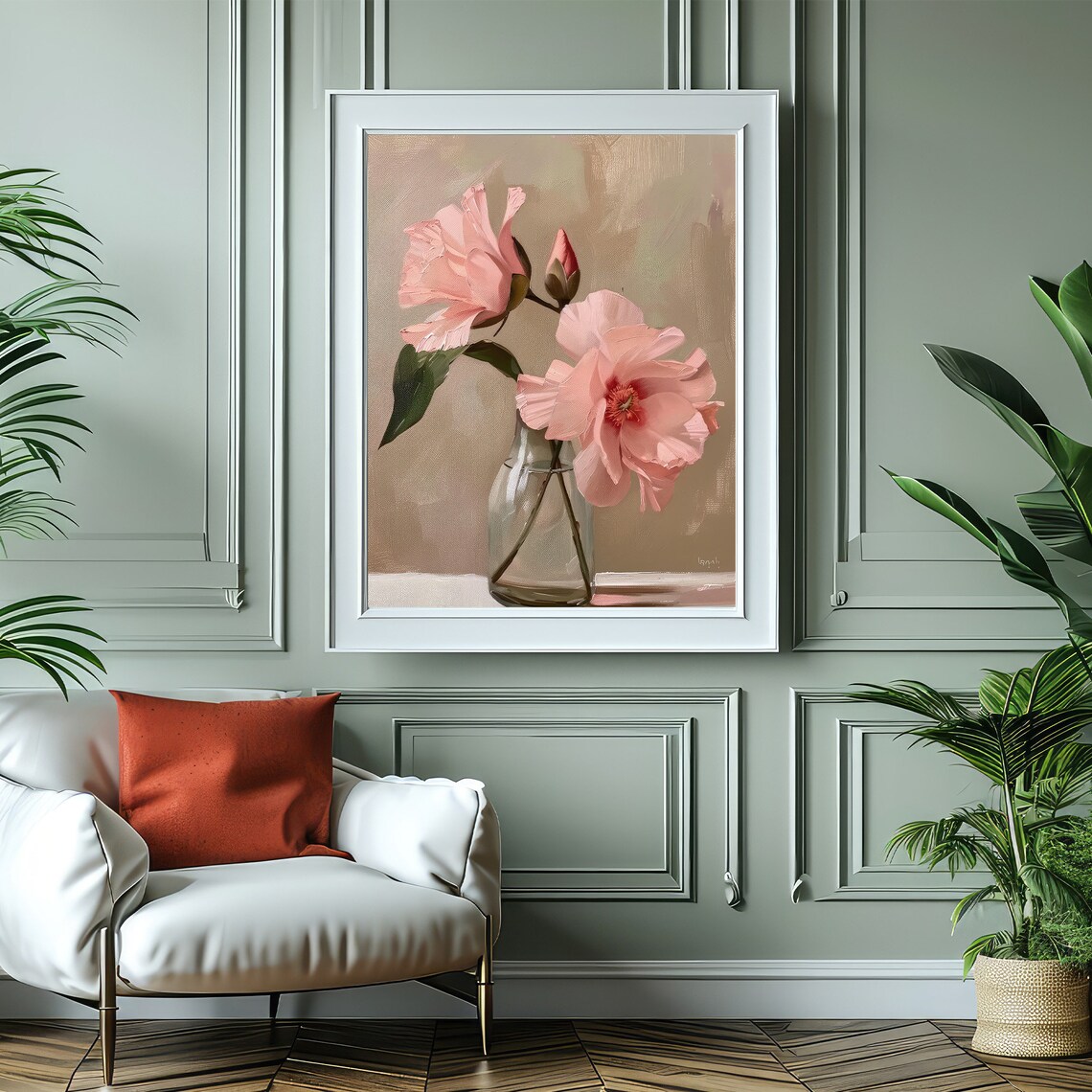Pink Camellia Flowers In Glass Vase Soft Neutral Floral Art Poster - Image 4