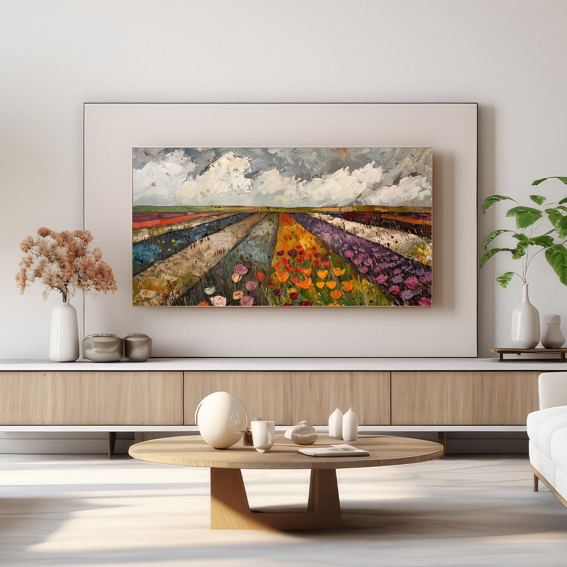 Vibrant Colorful Tulip Fields Under A Dramatic Cloudy Sky Poster - Image 3