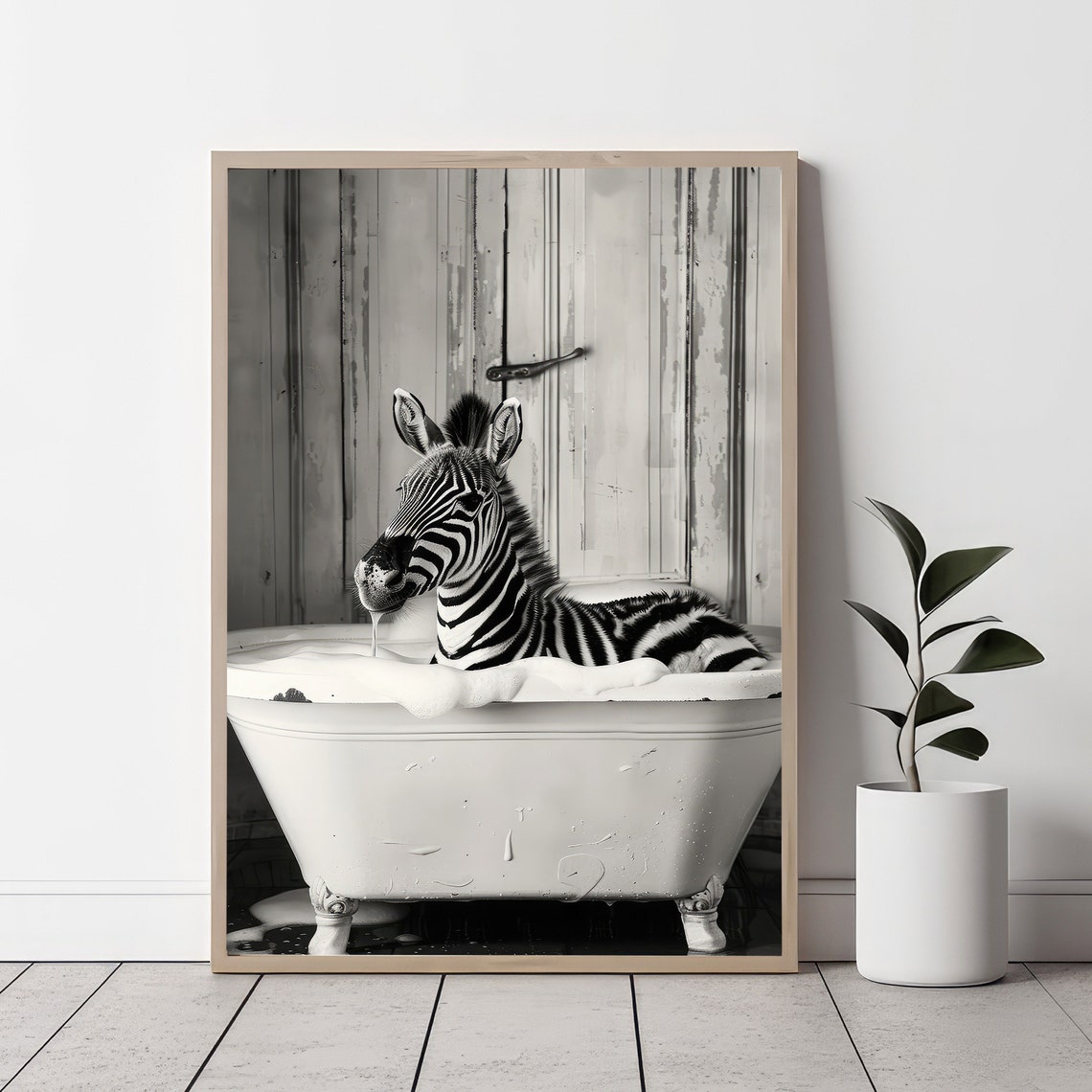 Cute Zebra Soaking In Bubble Bath Black And White Animal Poster
