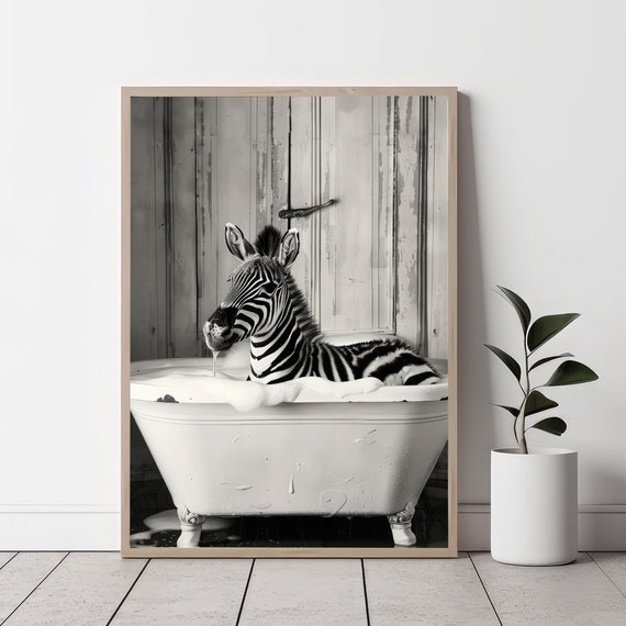 Cute Zebra In Tub Wall Art Zebra Photo Zebra Art Bathroom Art Print
