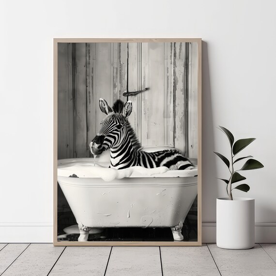 Cute Zebra Soaking In Bubble Bath Black And White Animal Poster