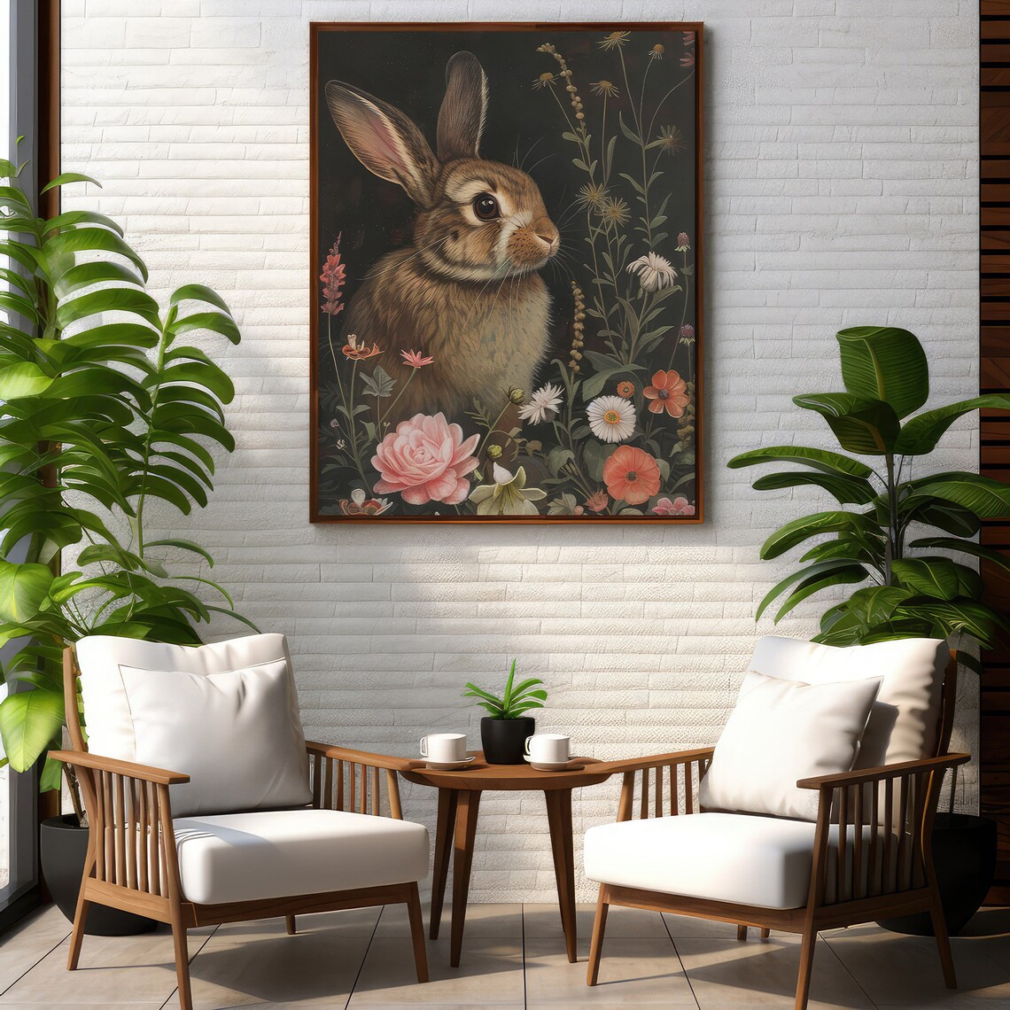 Charming Brown Rabbit Among Wildflowers Dark Botanical Art Poster - Image 4