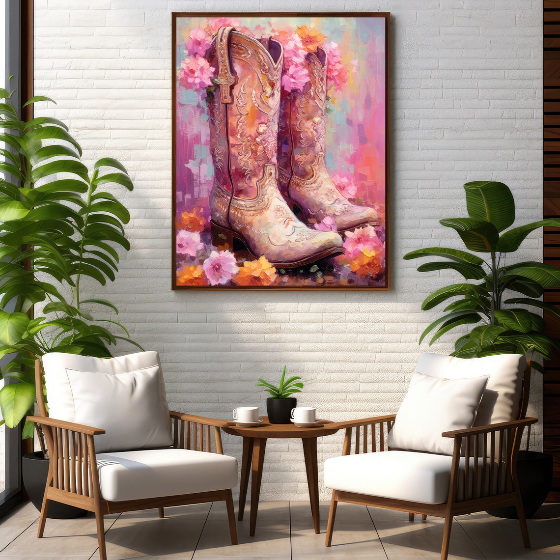 Embossed Tan Cowboy Boots Among Pink Flowers Western Art Poster - Image 2