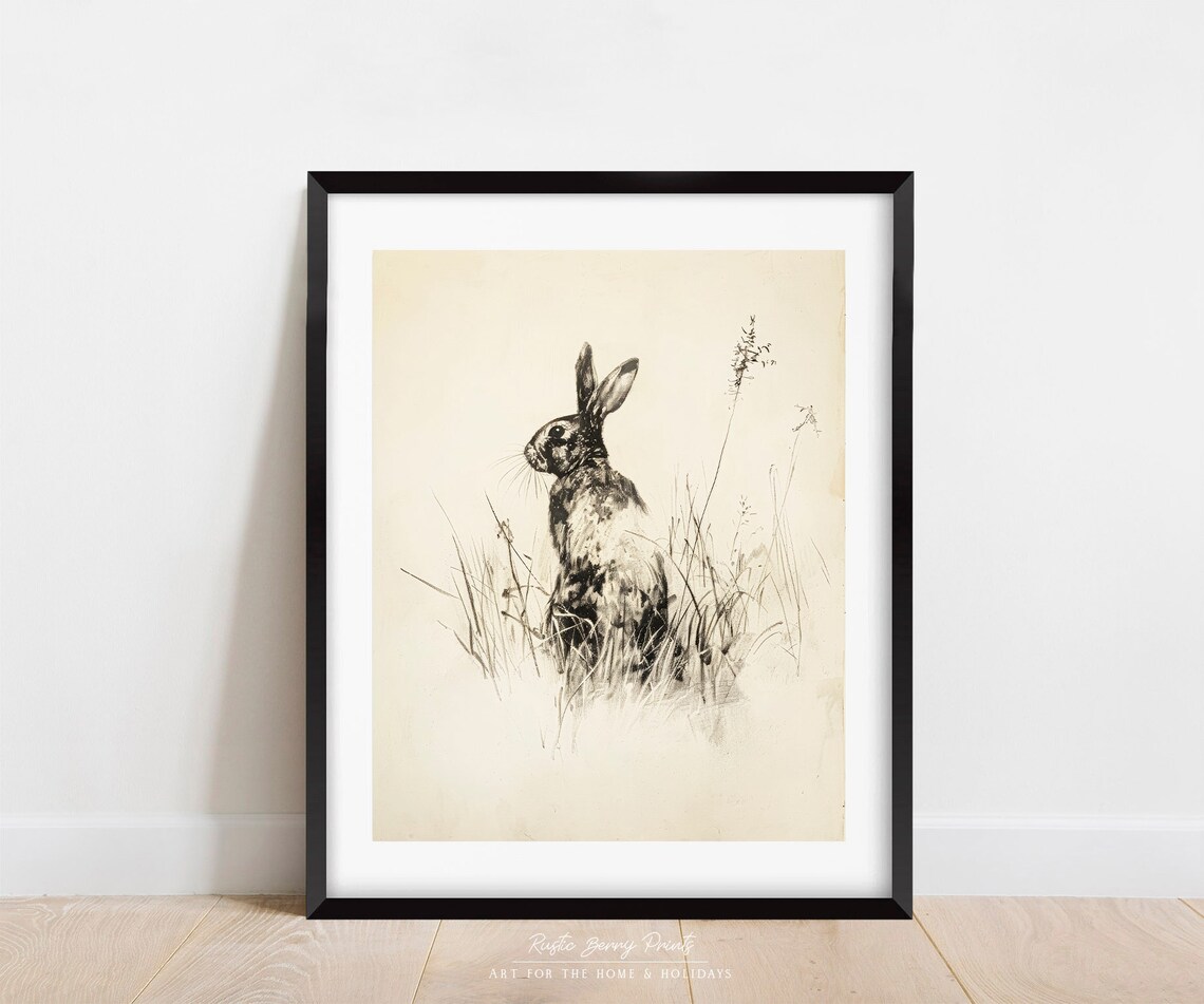 Dark Rabbit In Tall Grasses Antique Ink Sketch Vintage Bunny Drawing Print - Image 3