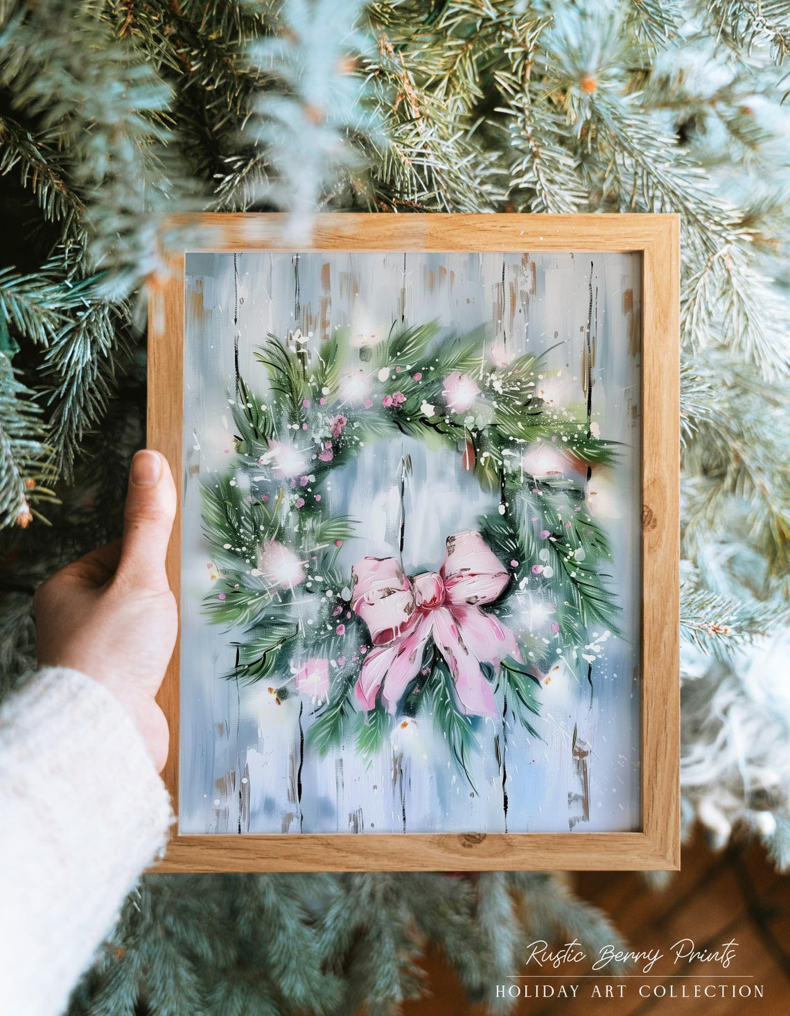 Pink Bow Christmas Wreath Twinkling Lights Whitewash Wood Art Poster