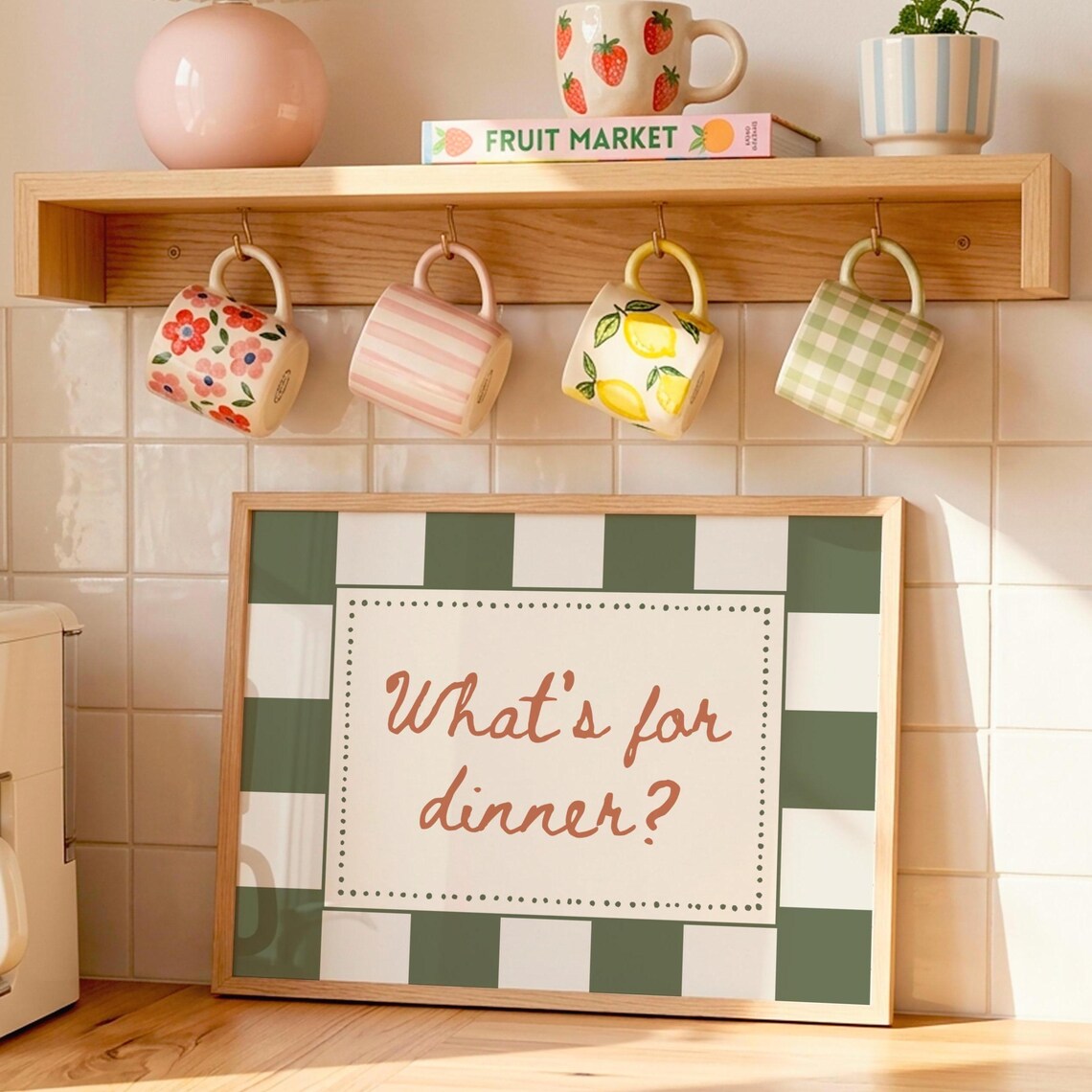 Whats For Dinner Kitchen Poster Green Checker Retro Quote Cooking Wall Decor