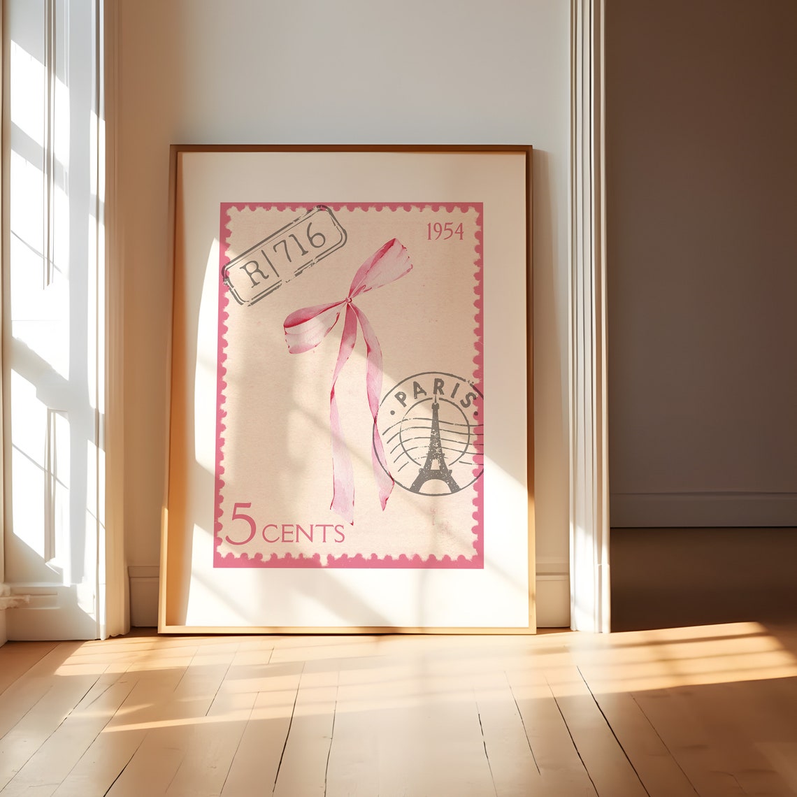 Vintage Paris 1954 Postage Stamp Design With Pink Bow Poster - Image 2