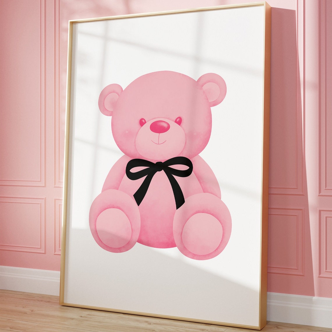 Pink Teddy Bear With Black Bow Cute Coquette Nursery Wall Art