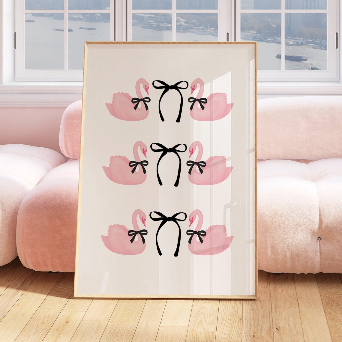 Pink Swans With Black Bows Balletcore Trio Illustration Poster - Image 3