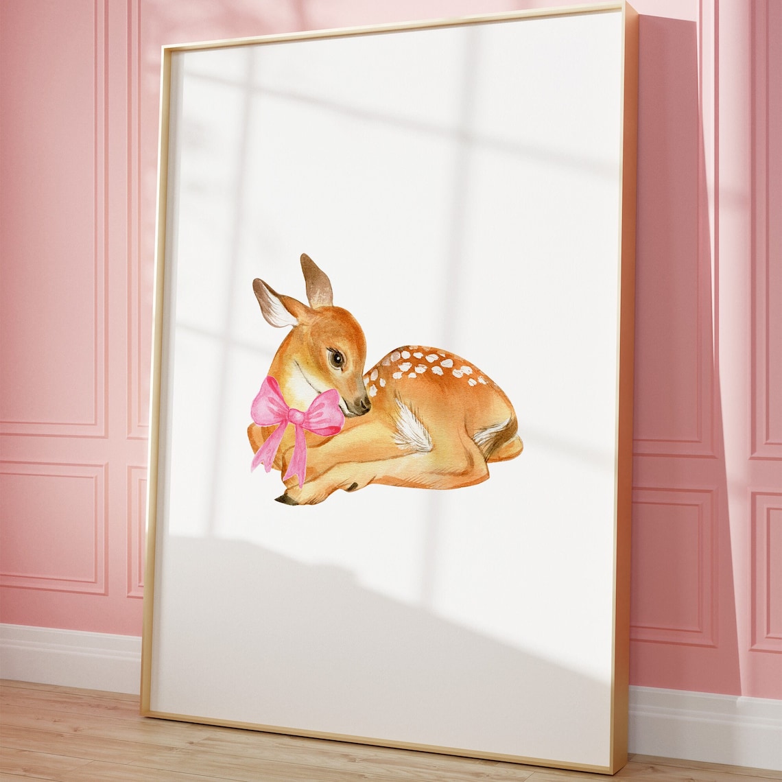 Cute Baby Deer Fawn with Pink Bow Watercolor Nursery Art Poster