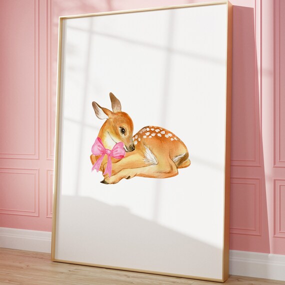 Cute Baby Deer Fawn with Pink Bow Watercolor Nursery Art Poster