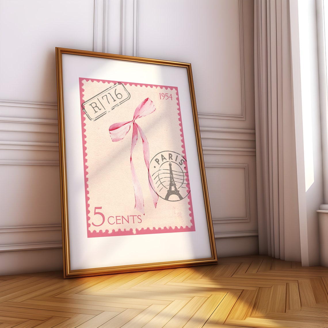 Vintage Paris 1954 Postage Stamp Design With Pink Bow Poster - Image 4