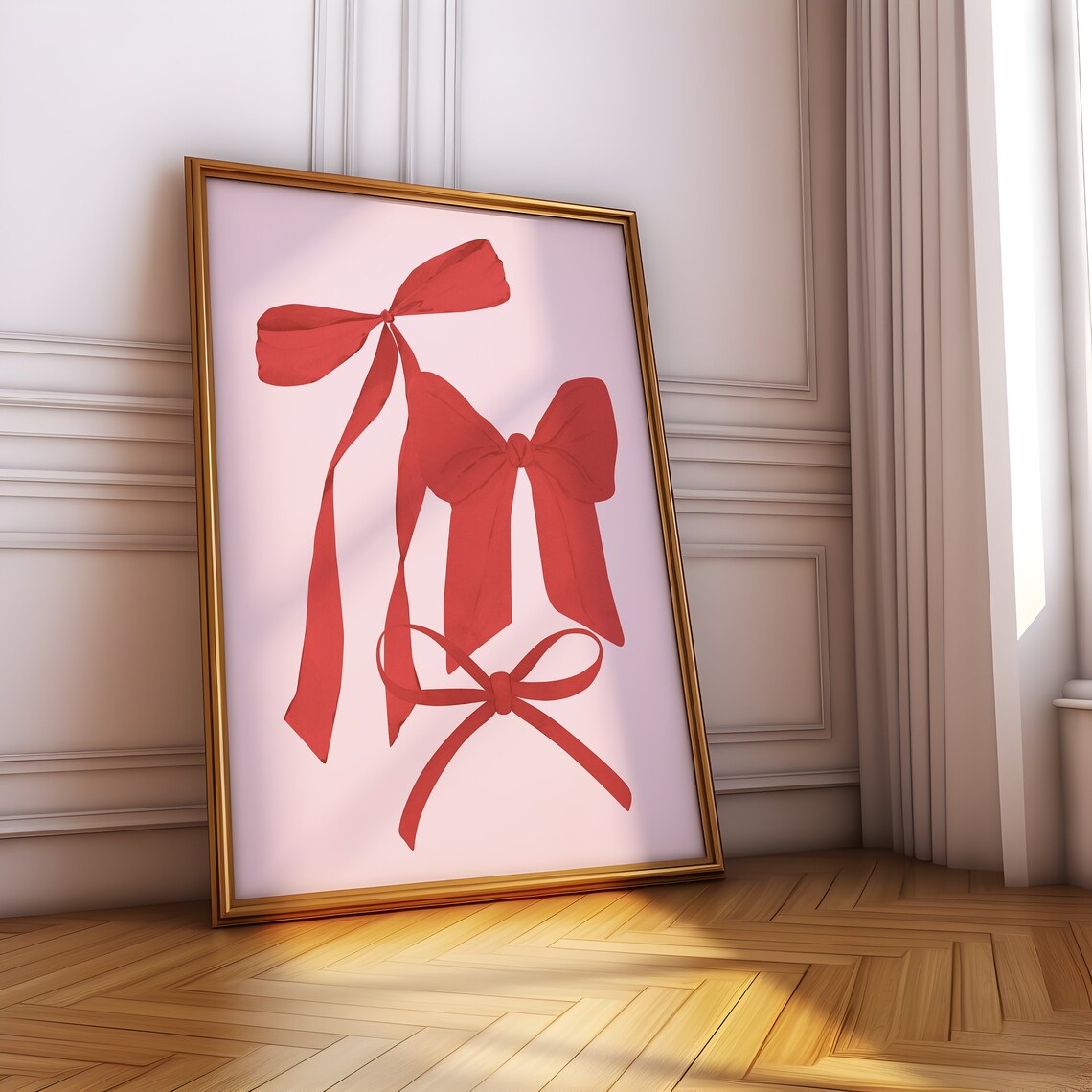 Red Bows Watercolor Coquette Pink Trio Illustration Wall Art - Image 5