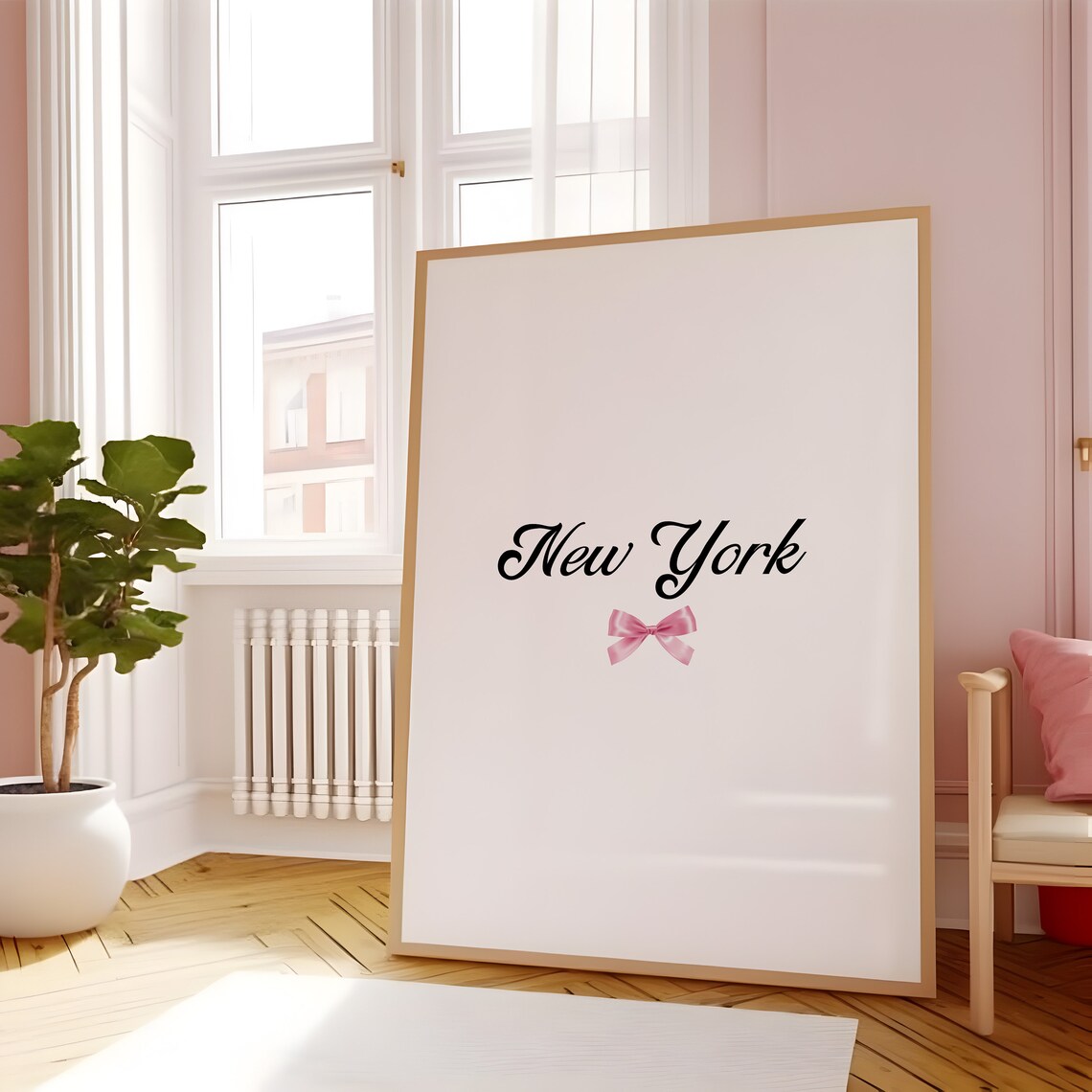 New York Calligraphy Pink Bow Minimalist Coquette Room Poster - Image 5
