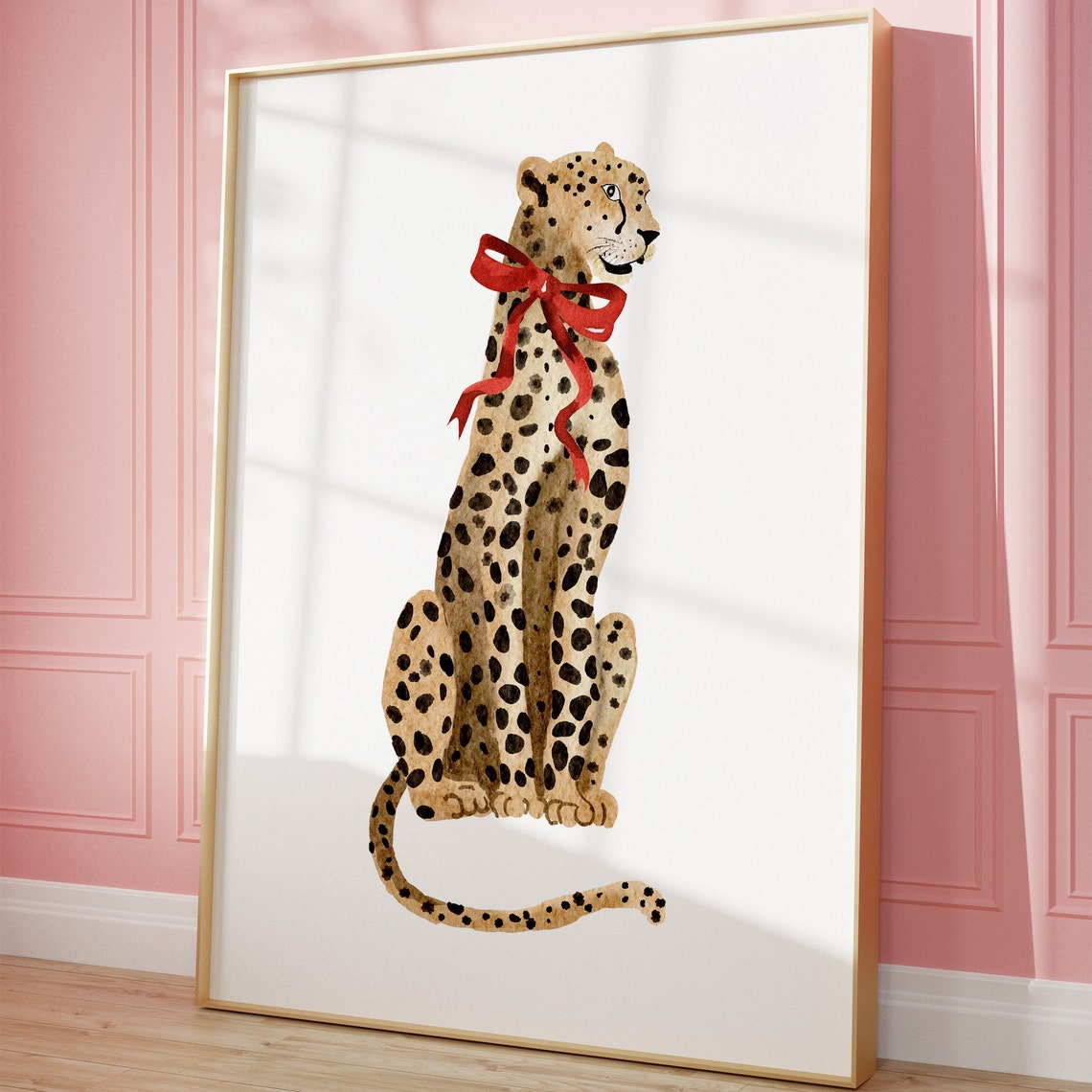 Cheetah With Red Bow Watercolor Coquette Animal Illustration Poster