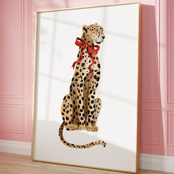 Cheetah With Red Bow Watercolor Coquette Animal Illustration Poster