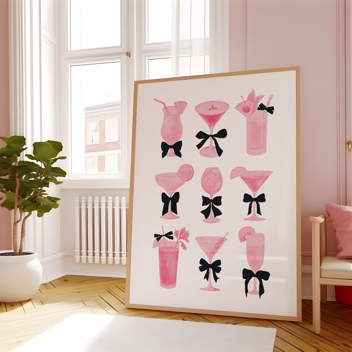 Pink Cocktails With Black Bows Coquette Martini Party Art Poster - Image 4