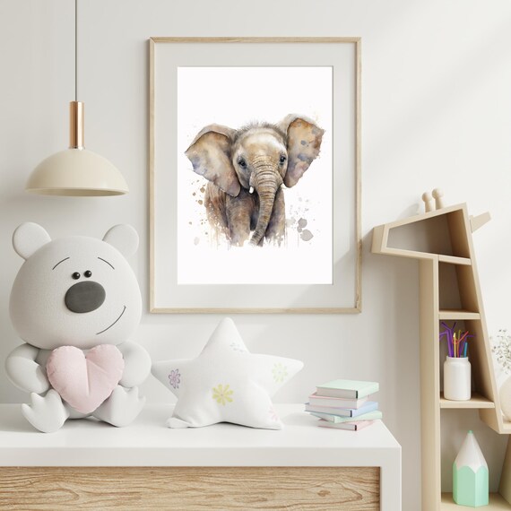 Baby Elephant Watercolor Big Ears Cute Safari Nursery Animal Poster