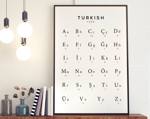 Turkish Alphabet Chart Black and White Language Learning Decor Poster