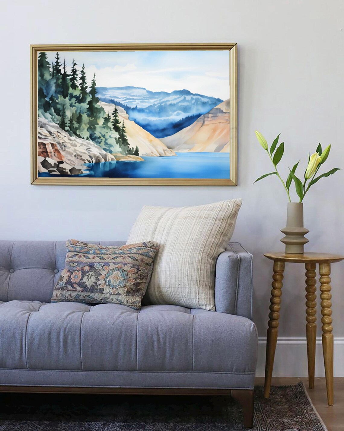 Crater Lake National Park Blue Cliffs Pines Watercolor Poster - Image 3