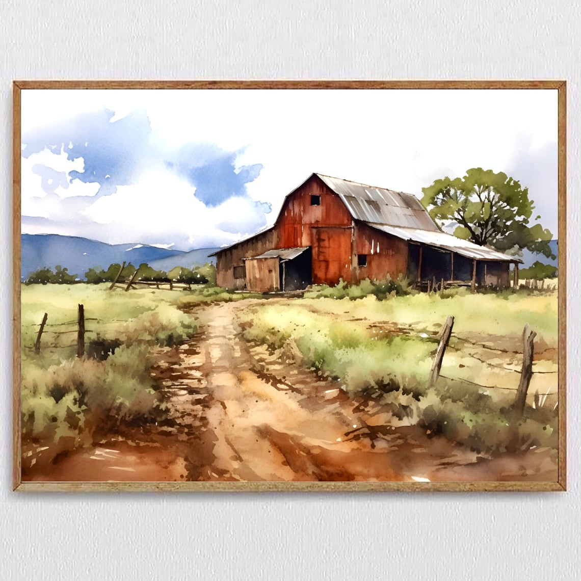 Texas Old Red Barn Dirt Road Farmhouse Watercolor Landscape Poster