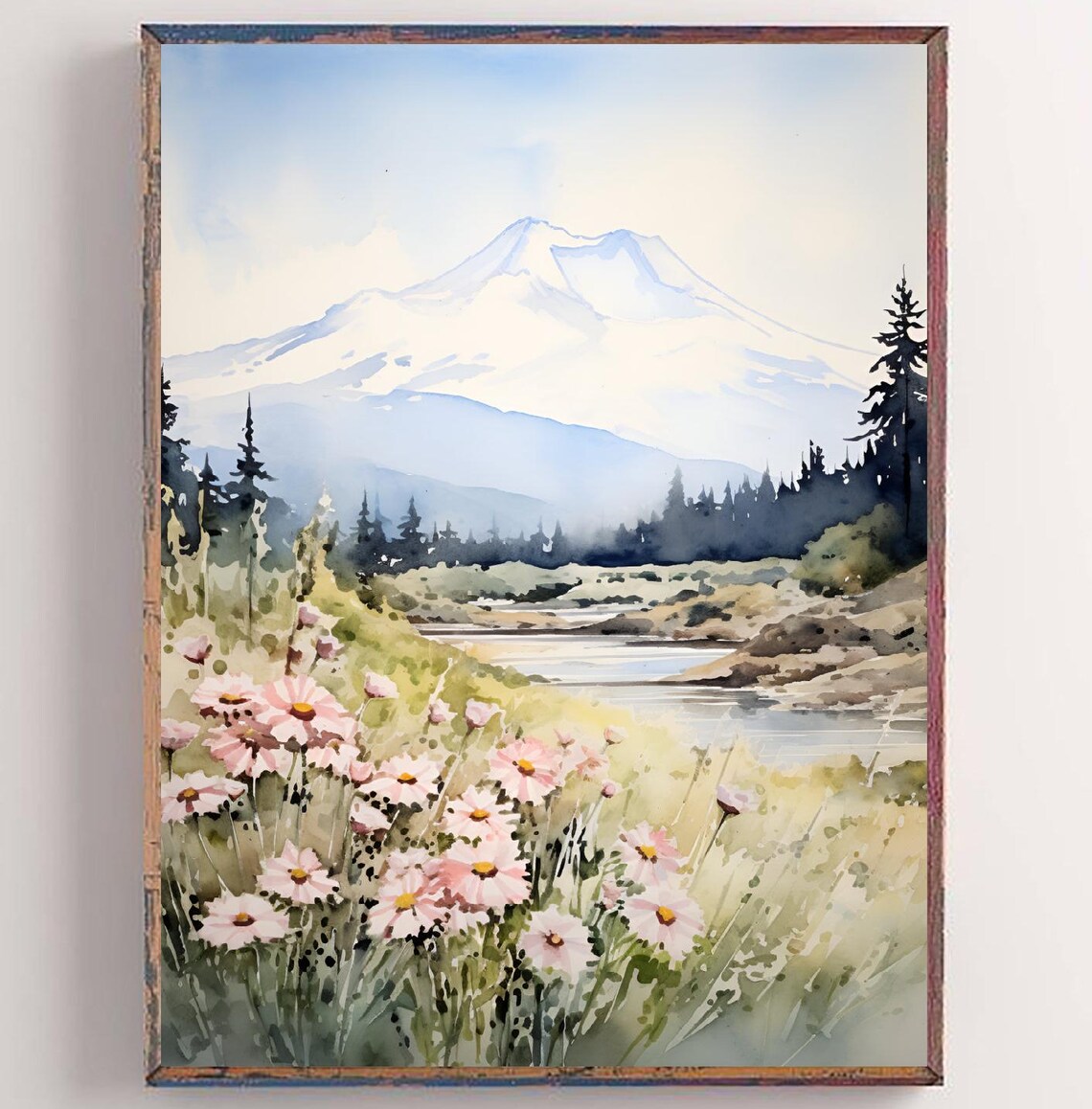 Mount Saint Helens Pink Daisies Snow Peak Watercolor Floral Poster