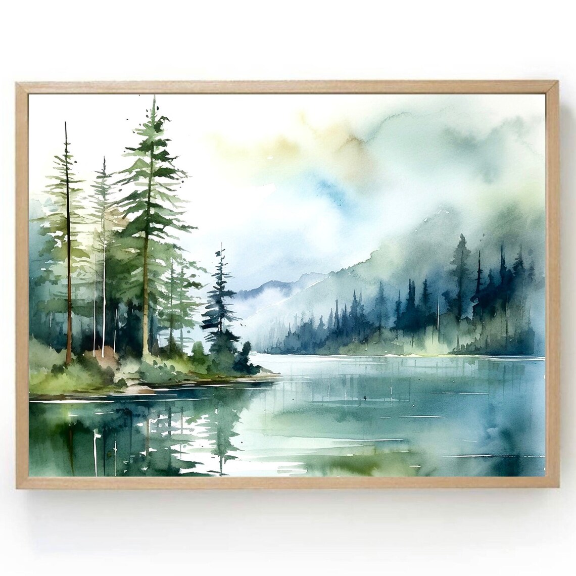 Sunrise Forest Lake Watercolor Landscape Art Print