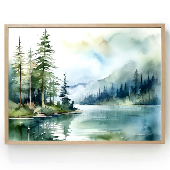 Sunrise Forest Lake Watercolor Landscape Art Print