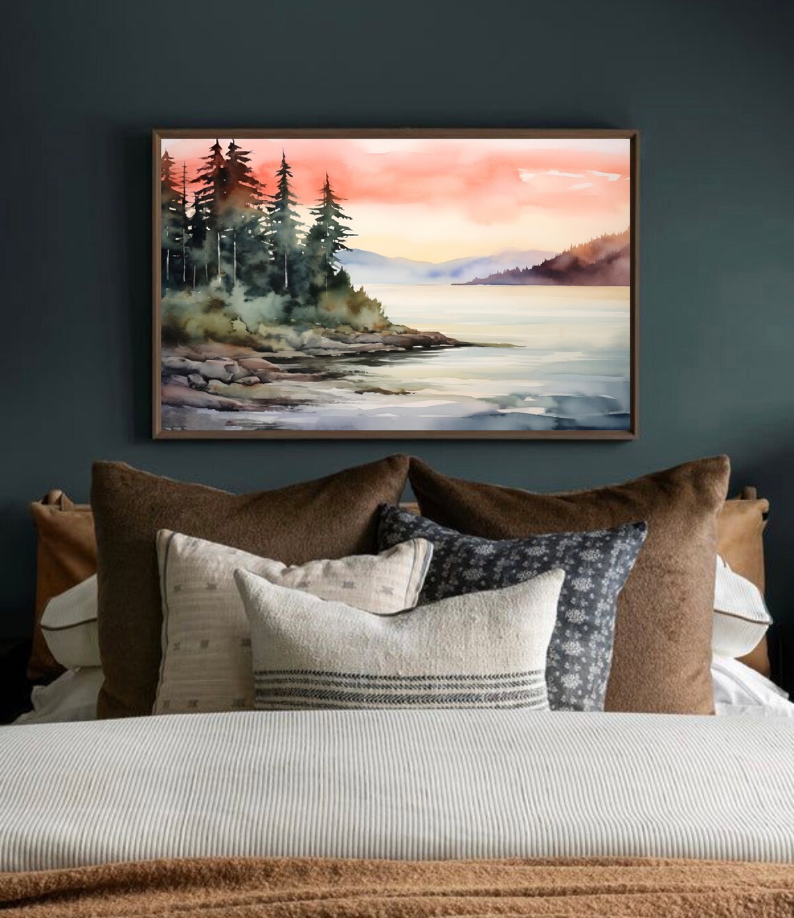 Rocky Forest Point Calm Water Coral Sunset Watercolor Art Poster - Image 2