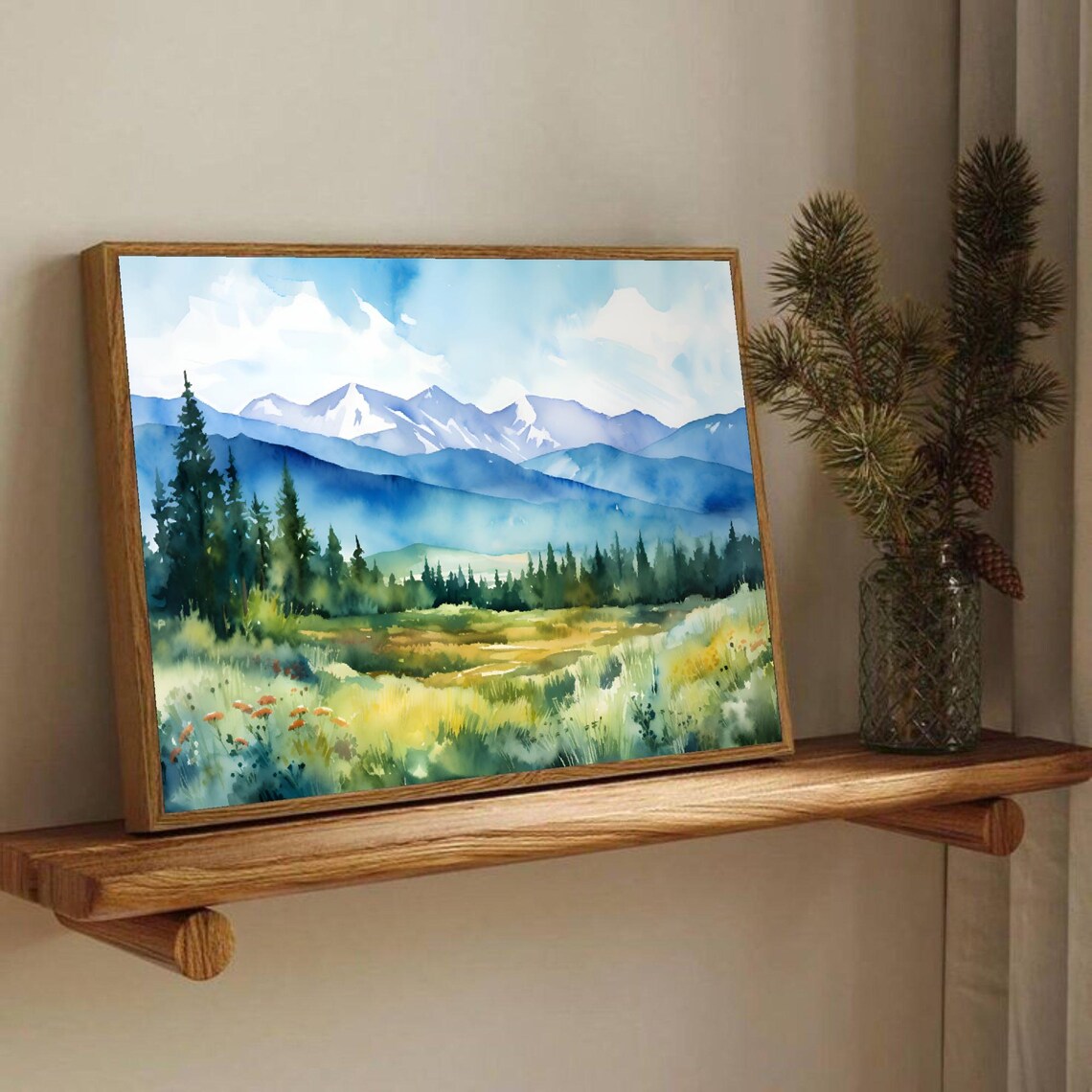 Snow Capped Mountain Meadow Wildflower Vista Watercolor Art Poster - Image 3