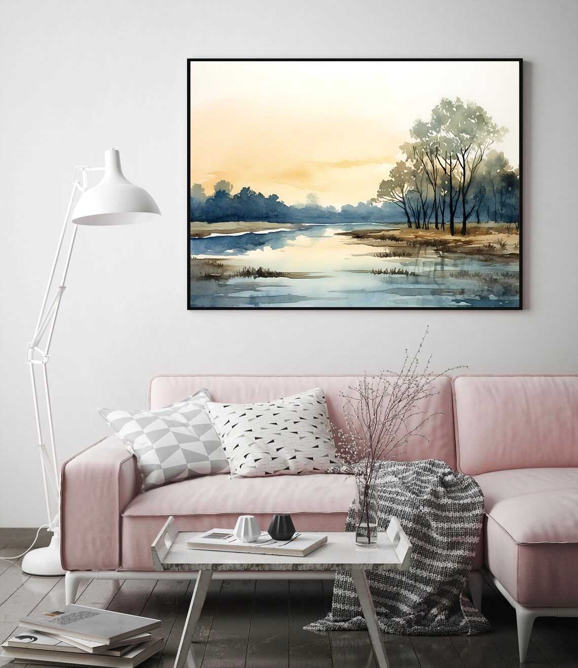 Soft Sunrise Lake Misty Trees Pastel Water Watercolor Art Poster - Image 2